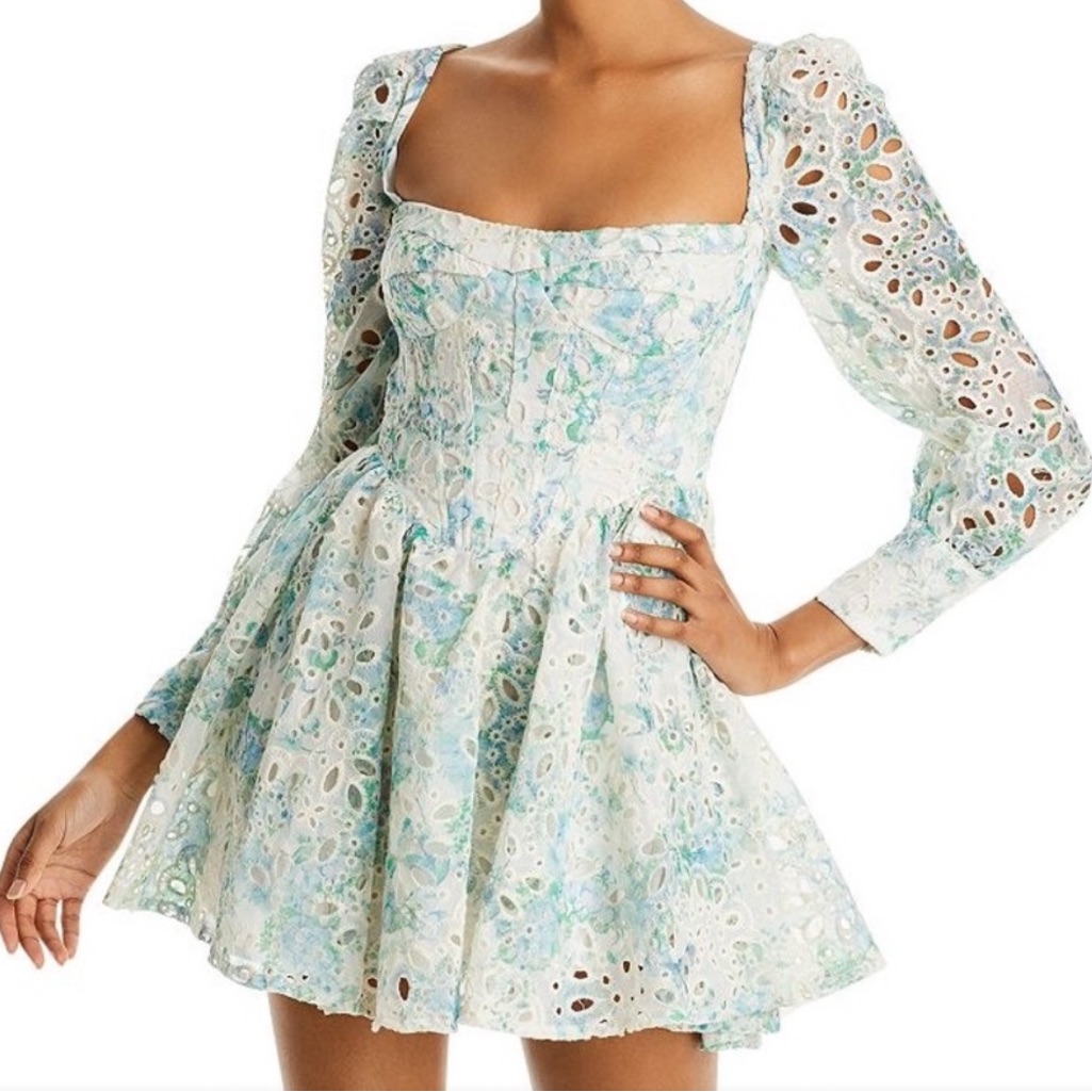 Nwot Bardot Lila Eyelet Flounce Floral Long Sleeve Mini Dress Revolve Size